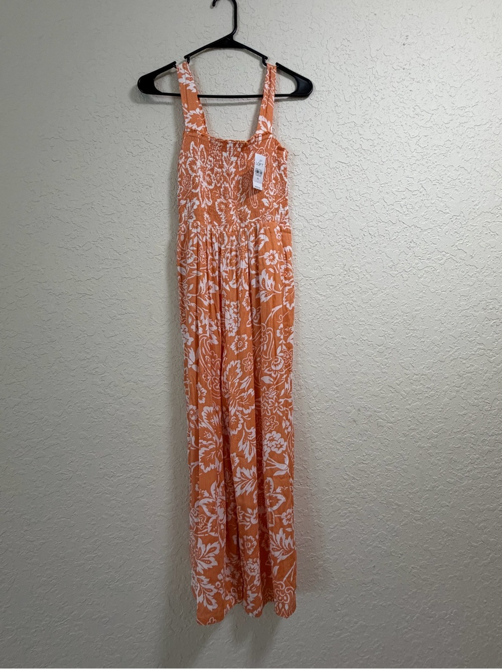 LOFT Orange Floral Sleeveless Smocked Jumpsuit